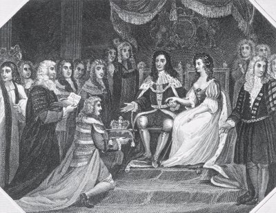 Presentation of the Bill of Rights to William III (1650-1702) of Orange and Mary II (1662-94) by English School
